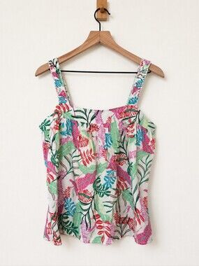 Cynthia Rowley 100% Linen Tropical Print Tank Top | Smocked Straps | Women's Med